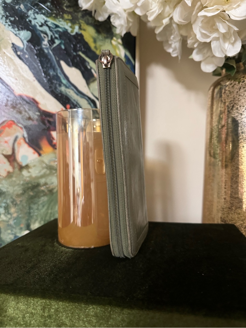 Olive Green Leather Zip Wallet with Gold Turn-Lock - Picture 4 of 12